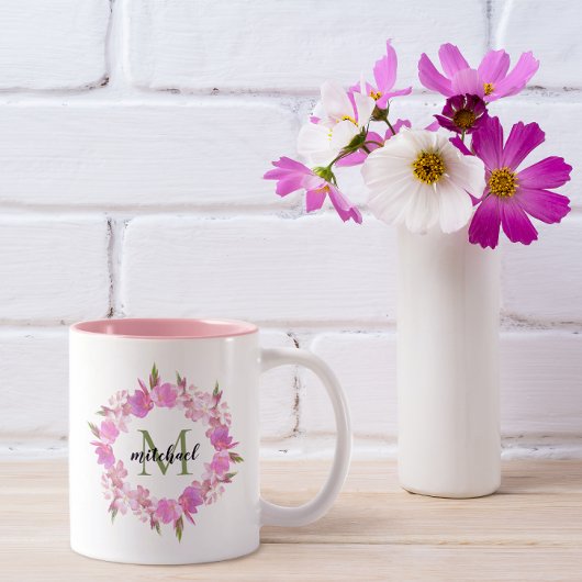 Waterverf Floral Wreatname Monogram Tweekleurige Koffiemok