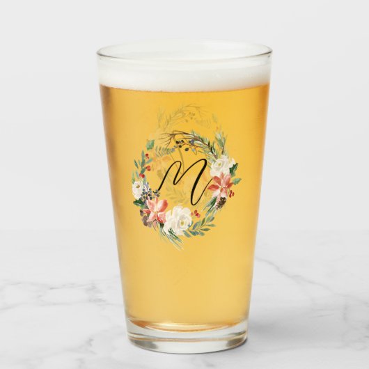 Waterverf Floral Wreator Monogram Kerstmis Glas (Voorkant gevuld)