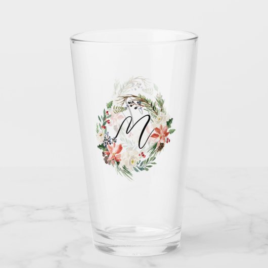 Waterverf Floral Wreator Monogram Kerstmis Glas (Voorkant)