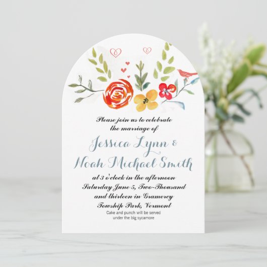 Waterverf Floral Yellow Coral Azure Blue Wedding Kaart (Staand voorkant)