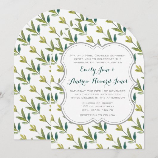 Waterverf Floral Yellow Emerald Greenery Wedding Kaart (Voorkant / Achterkant)