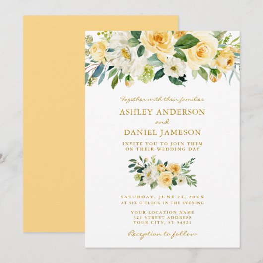 Waterverf Floral Yellow Greenery Gold Wedding Kaart (Voorkant / Achterkant)