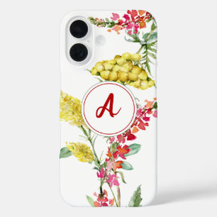 Waterverf Floral Yellow Red Wilde bloemmonogram iPhone 16 Hoesje