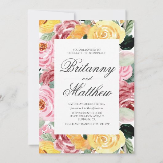 Waterverf Floral Yellow Wedding Kaart (Voorkant)