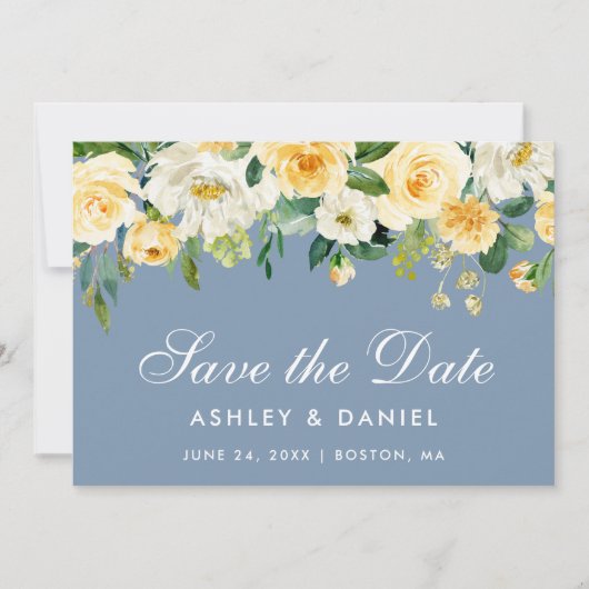 Waterverf Floral Yellow White Dusty Blue Save The Date (Voorkant)