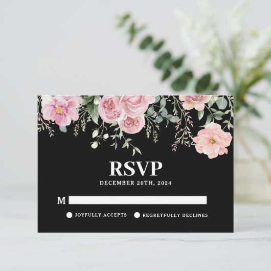 Waterverf floral zwart en blush roze bruiloft RSVP kaartje (Staand voorkant)