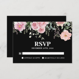 Waterverf floral zwart en blush roze bruiloft RSVP kaartje