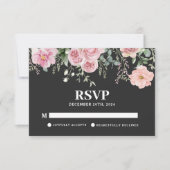 Waterverf floral zwart en blush roze bruiloft RSVP kaartje (Voorkant)