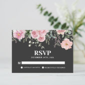 Waterverf floral zwart en blush roze bruiloft RSVP kaartje (Staand voorkant)
