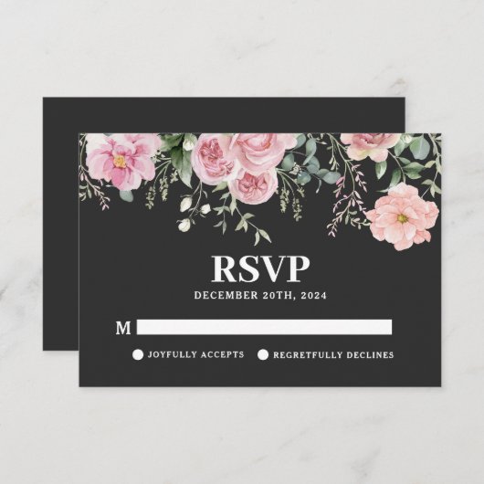 Waterverf floral zwart en blush roze bruiloft RSVP kaartje (Voorkant / Achterkant)