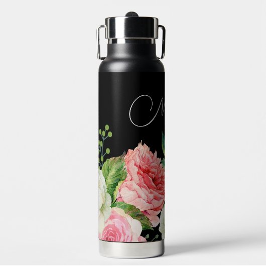 Waterverf Floral Zwart Gepersonaliseerd Bruidsmeis Waterfles (Voorkant)