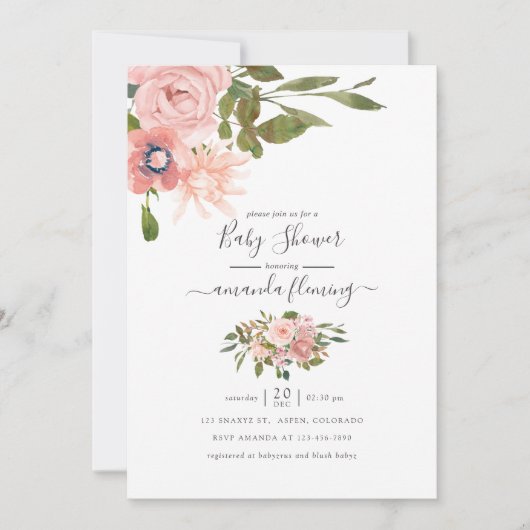 Waterverf florale Blush en Roos Gold Baby shower Kaart (Voorkant)