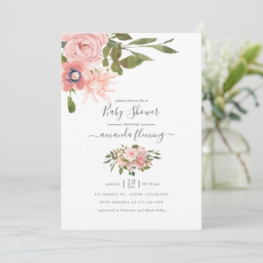 Waterverf florale Blush en Roos Gold Baby shower Kaart (Staand voorkant)