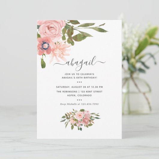 Waterverf florale Blush en Roos Gold Birthday Kaart (Staand voorkant)