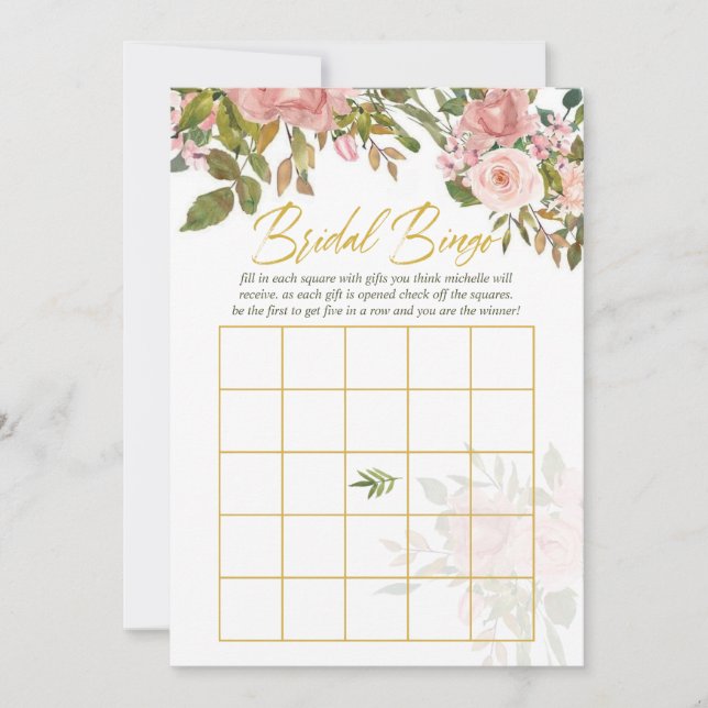 Waterverf florale Blush Roze en Gold Bridal Bingo (Voorkant)
