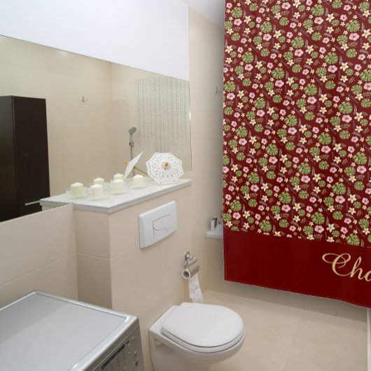 Waterverf florale burgundy gele elegante naam douchegordijn