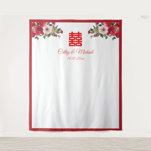 Waterverf florale Chinese trouwfoto achtergrond Wandkleed (Voorkant)