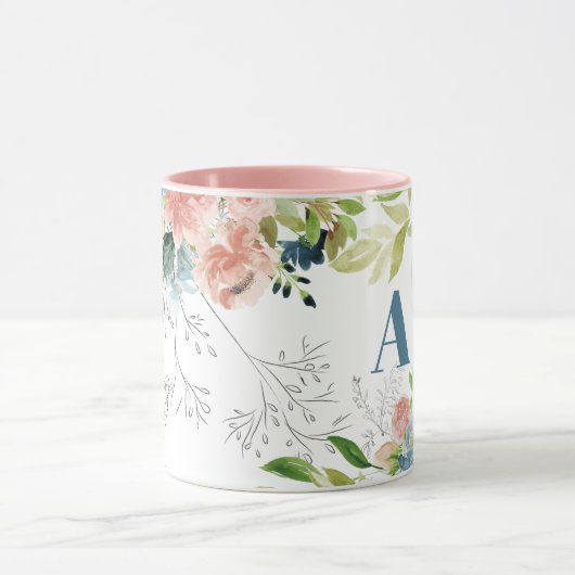 Waterverf florale classy elegant navy monogrammed mok (Midden)