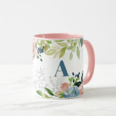 Waterverf florale classy elegant navy monogrammed mok (Voorkant rechts)