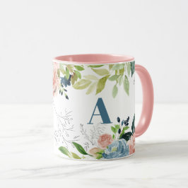 Waterverf florale classy elegant navy monogrammed mok