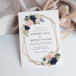 Waterverf florale geometrische bruiloft kaart<br><div class="desc">Een Navy blauw en duw Floral ontwerp met een geometrisch lijst met tekst in het midden. De roze blauwe en marineverblauwe bloemen zijn perfect voor je zomerse en herfst trouwthema's. U kunt de tekst, tekstgrootte, kleur en doopvont op deze sjabloon veranderen. De achtergrond van de marine kan ook worden gewijzigd....</div>