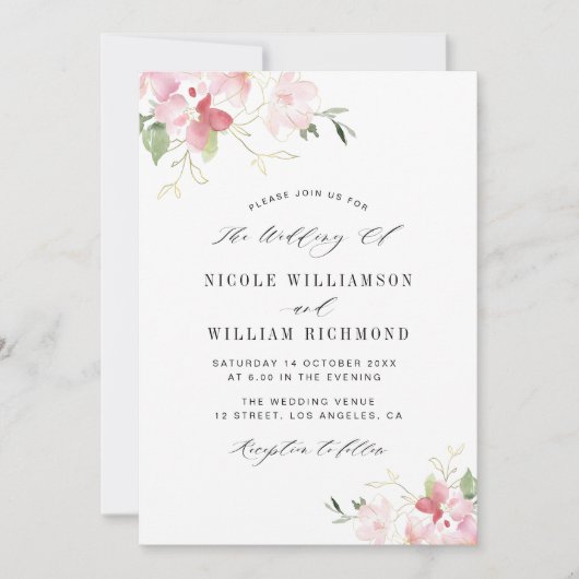 waterverf florale grijs en blozen bruiloft kaart (Voorkant)