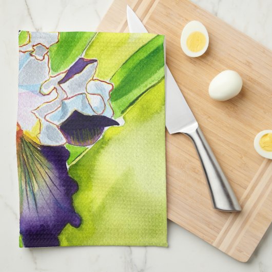 Waterverf florale iris paars groen theedoek (Quarter Fold)