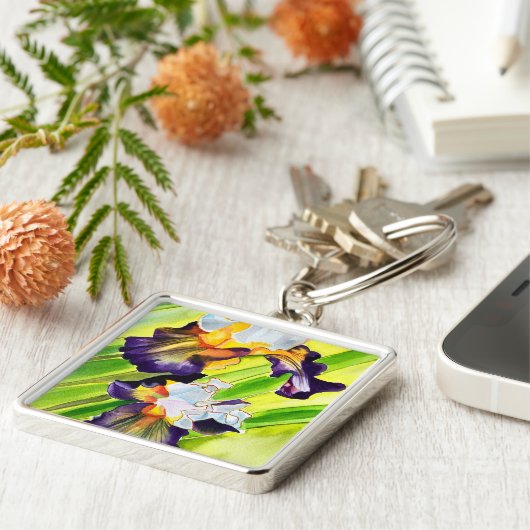 Waterverf florale irisbloem sleutelhanger (Zijkant)