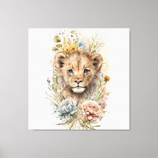 Waterverf florale leeuwenkub Canvas Wall Art (Voorkant)