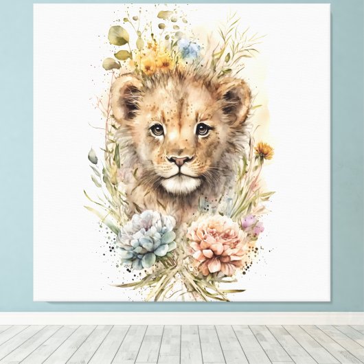 Waterverf florale leeuwenkub Canvas Wall Art (Insitu (Houten vloer))
