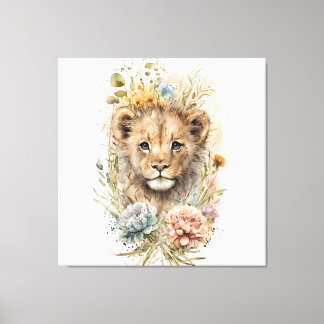 Waterverf florale leeuwenkub Canvas Wall Art Afdruk