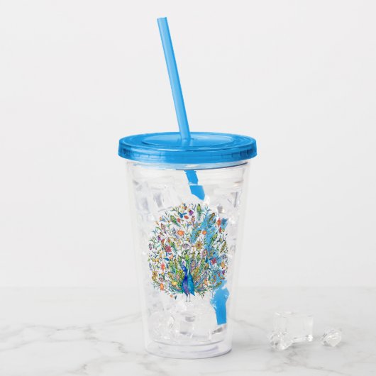Waterverf florale pauw acryl drinkbeker (Voorkant ijs)