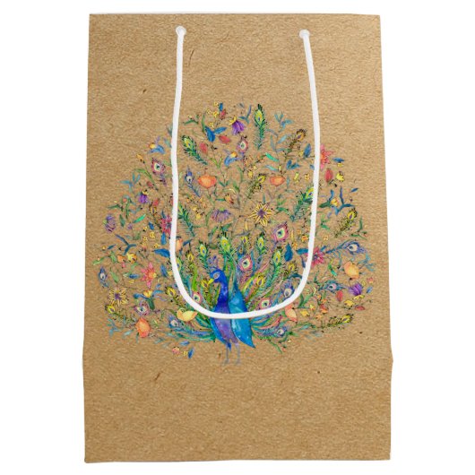 Waterverf florale pauw middelgrote cadeautas (Achterkant)