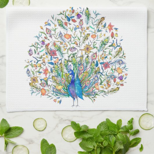 Waterverf florale pauw theedoek (Gevouwen)