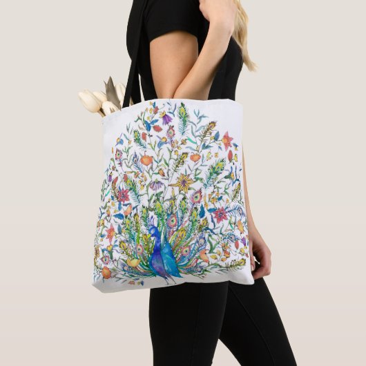 Waterverf florale pauw tote bag (Dichtbij)