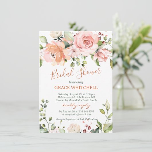 Waterverf florale perzik rozen Vrijgezellenfeest Kaart (Staand voorkant)