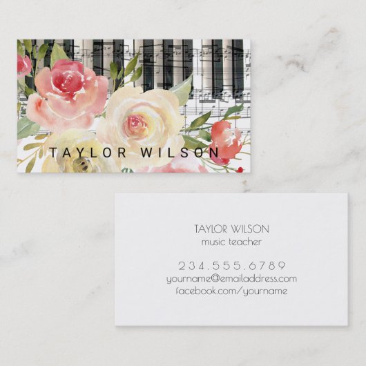 waterverf florale pianist muziekleraar visitekaartje (Voorkant / Achterkant)
