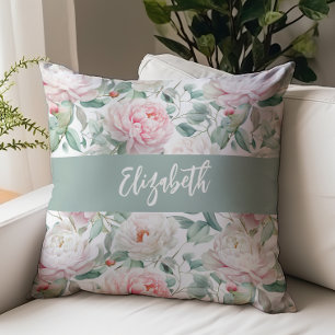 Waterverf Florale Pioenroos Script Naam Roze Groen Kussen