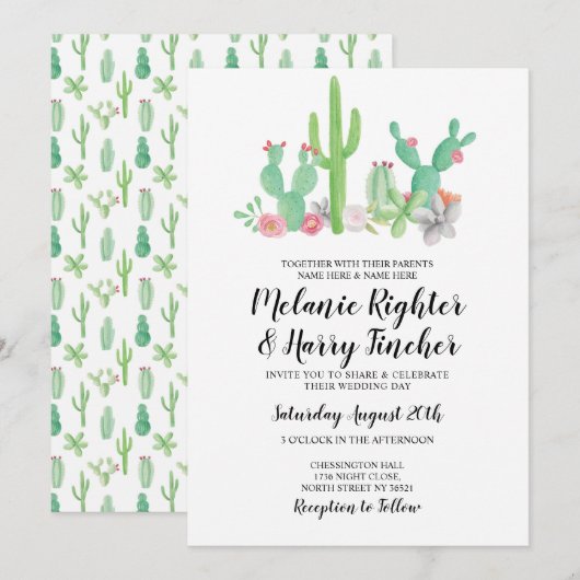 Waterverf Florale uitnodiging voor bruiloft  Cactu (Voorkant / Achterkant)