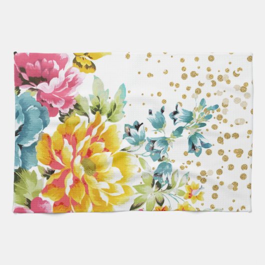 waterverf florale verf en goudconfetti kunst. theedoek (Horizontaal)