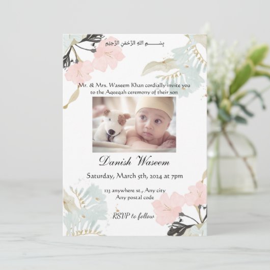 Waterverf floralen Aqeeqah ceremonie Kaart (Staand voorkant)