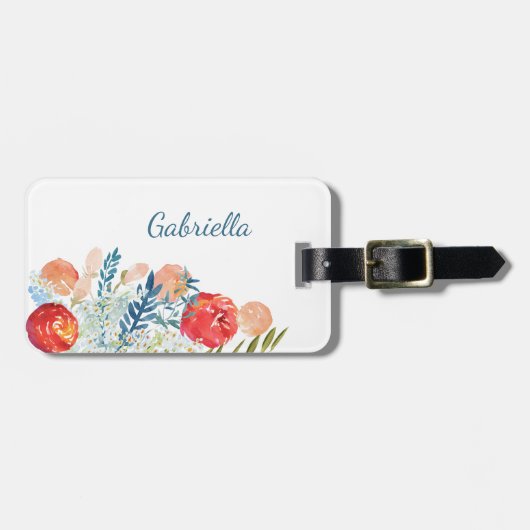 Waterverf Florals in Blauw Gepersonaliseerd Bagagelabel (Voorkant horizontaal)