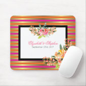 Waterverf Florals op roze Oranje en gouden strepen Muismat (Met muis)