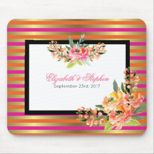 Waterverf Florals op roze Oranje en gouden strepen Muismat