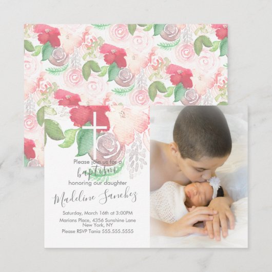 Waterverf Florals Pink Baptism Baby Dedicatie Kaart (Voorkant / Achterkant)
