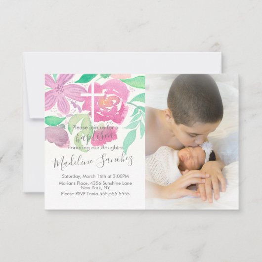Waterverf Florals Pink Baptisme Kaart (Voorkant)
