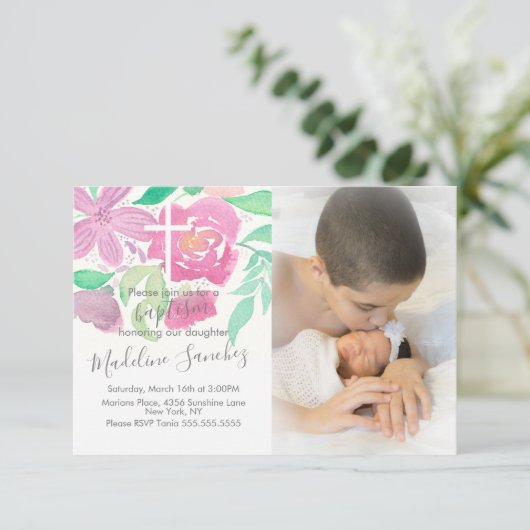 Waterverf Florals Pink Baptisme Kaart (Staand voorkant)