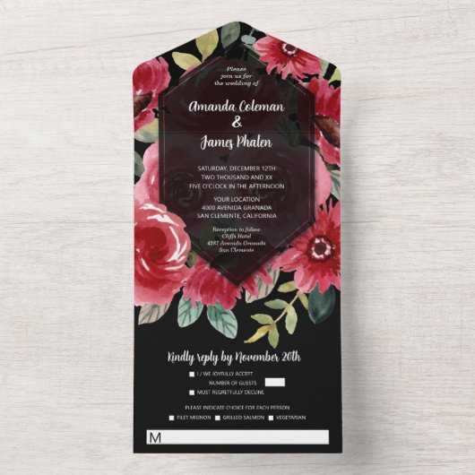 Waterverf Florals Red op het zwarte huwelijk All In One Uitnodiging (Binnen)