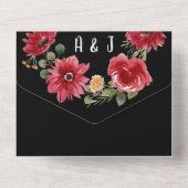Waterverf Florals Red op het zwarte huwelijk All In One Uitnodiging (Achterkant)