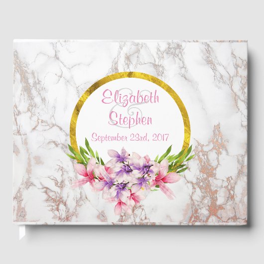Waterverf Florals, White Marble Texture Wedding Gastenboek (Voorkant)